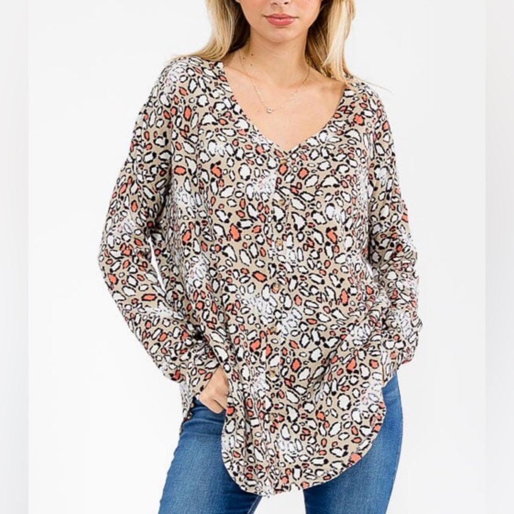 Leopard Print V-Neck Button Down Blouse